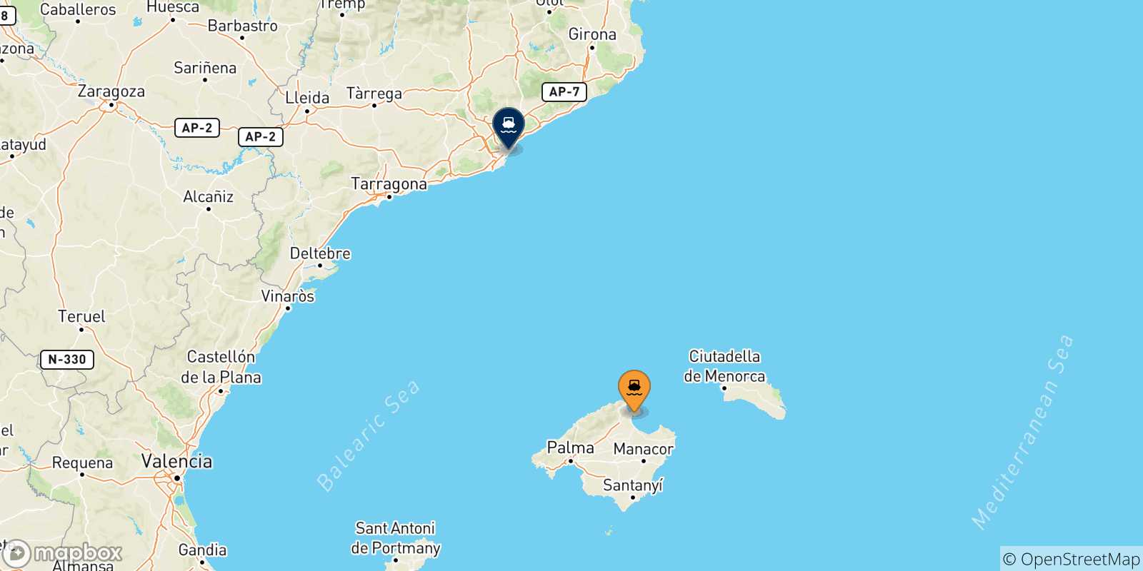 Carte des traversées possibles entre Alcudia (Majorque) et l'Espagne