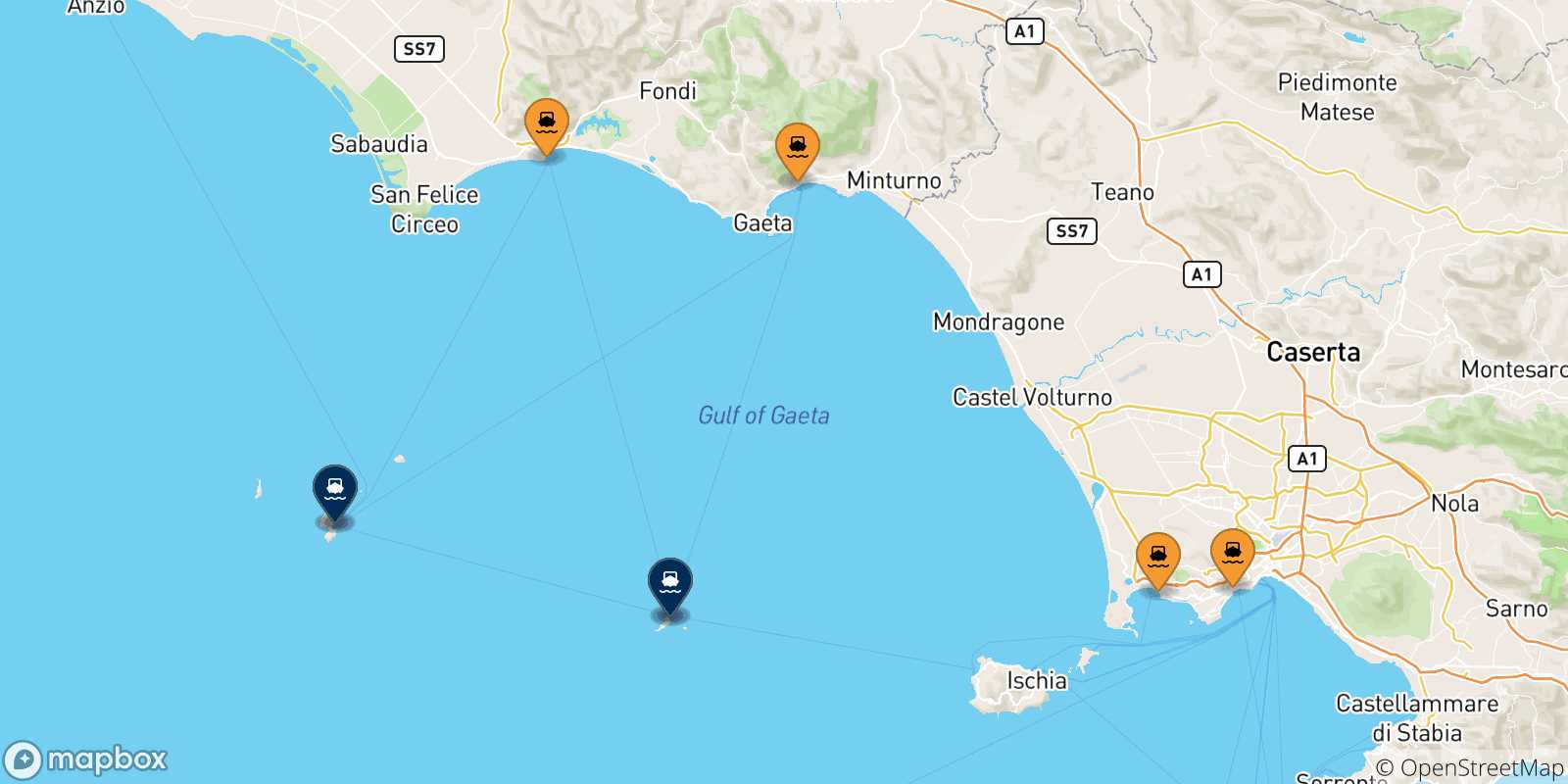 Carte des traversées possibles entre l'Italie et Îles Pontines