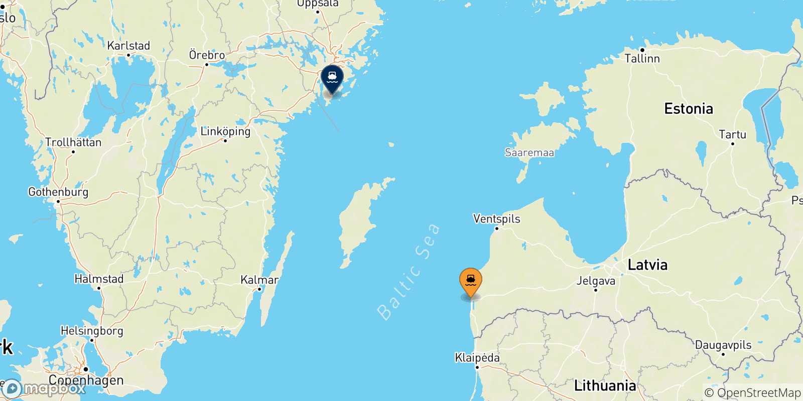Carte des traversées possibles entre Liepaja et la Suède