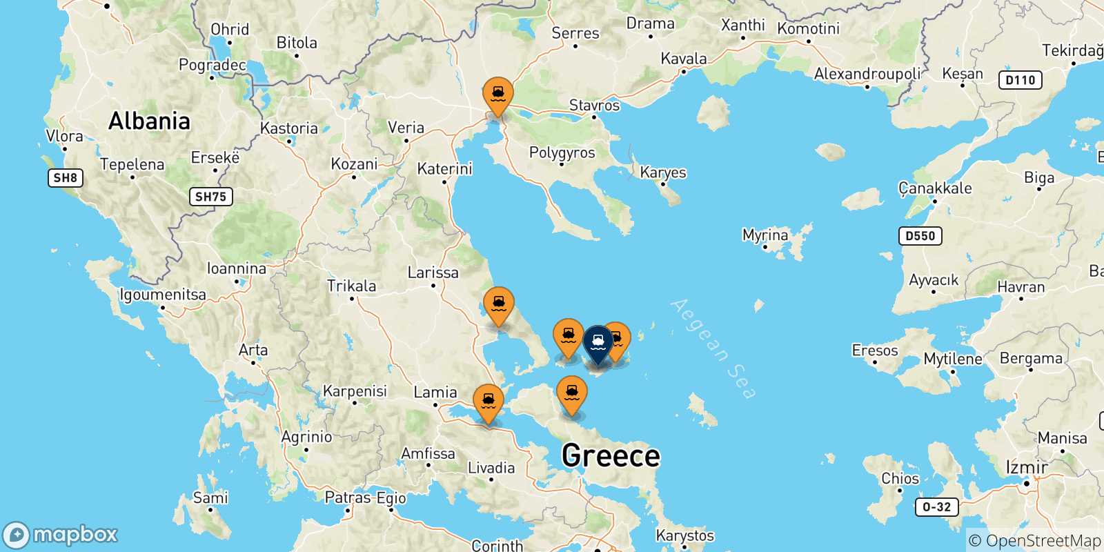 Carte des traversées possibles entre la Grèce et Skopelos