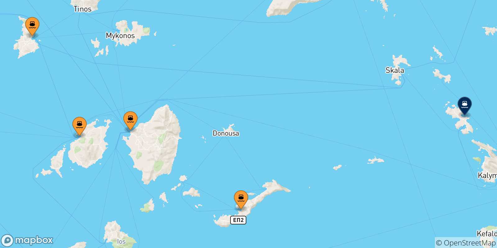 Carte des traversées possibles entre Îles Des Cyclades et Leros