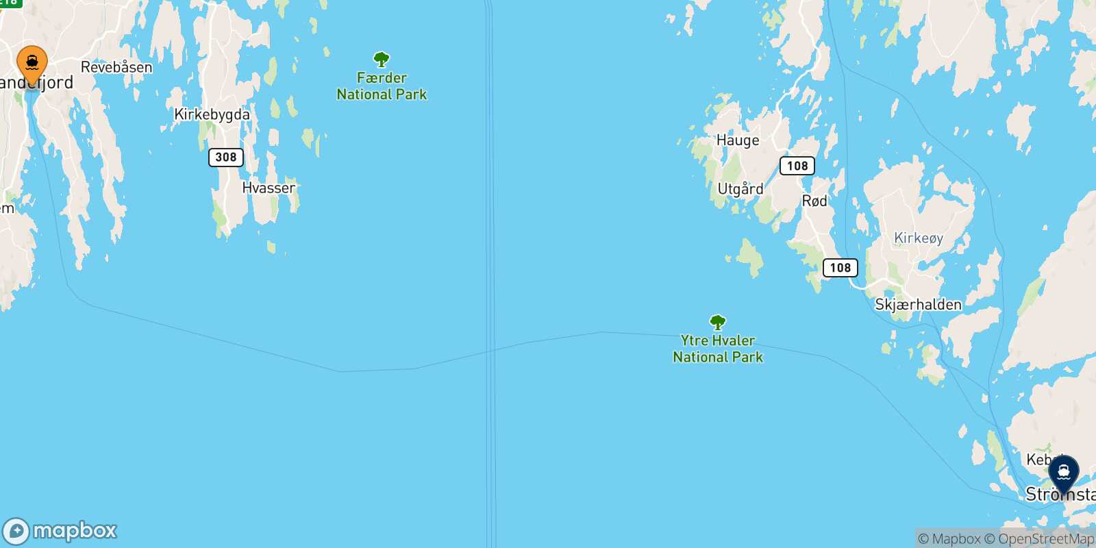 Carte des destinations de Sandefjord