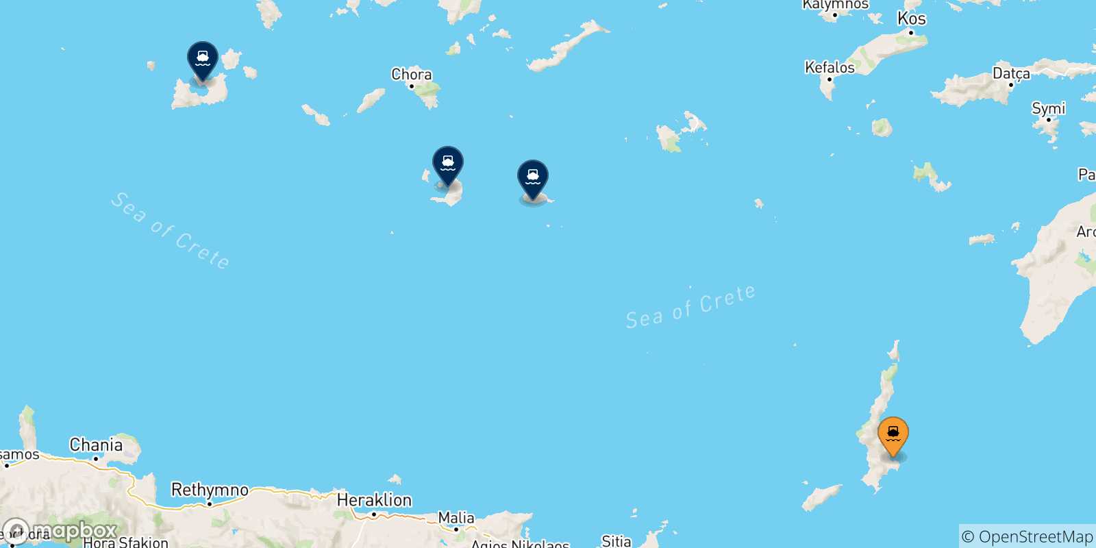 Carte des traversées possibles entre Diafani (Karpathos) et Îles Des Cyclades