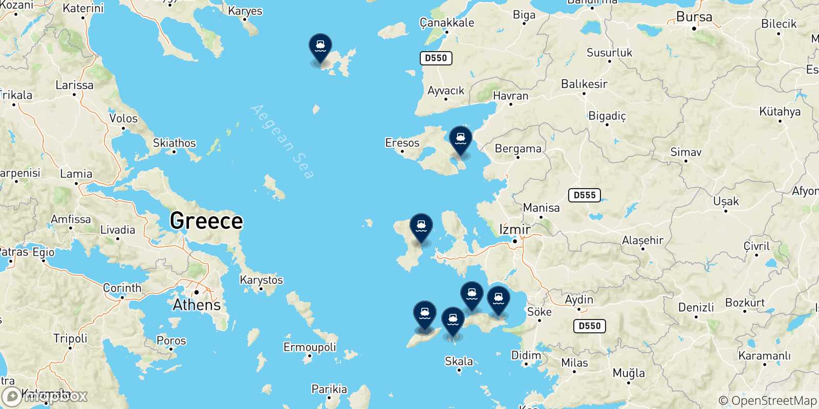 Carte des traversées possibles entre Evdilos (Ikaria) et les Îles Égéennes