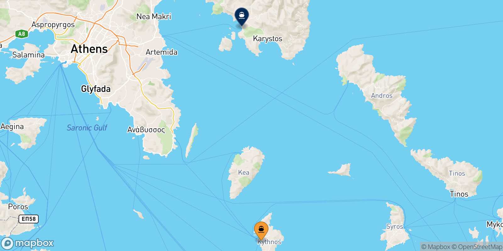 Carte des traverséesKythnos Marmari