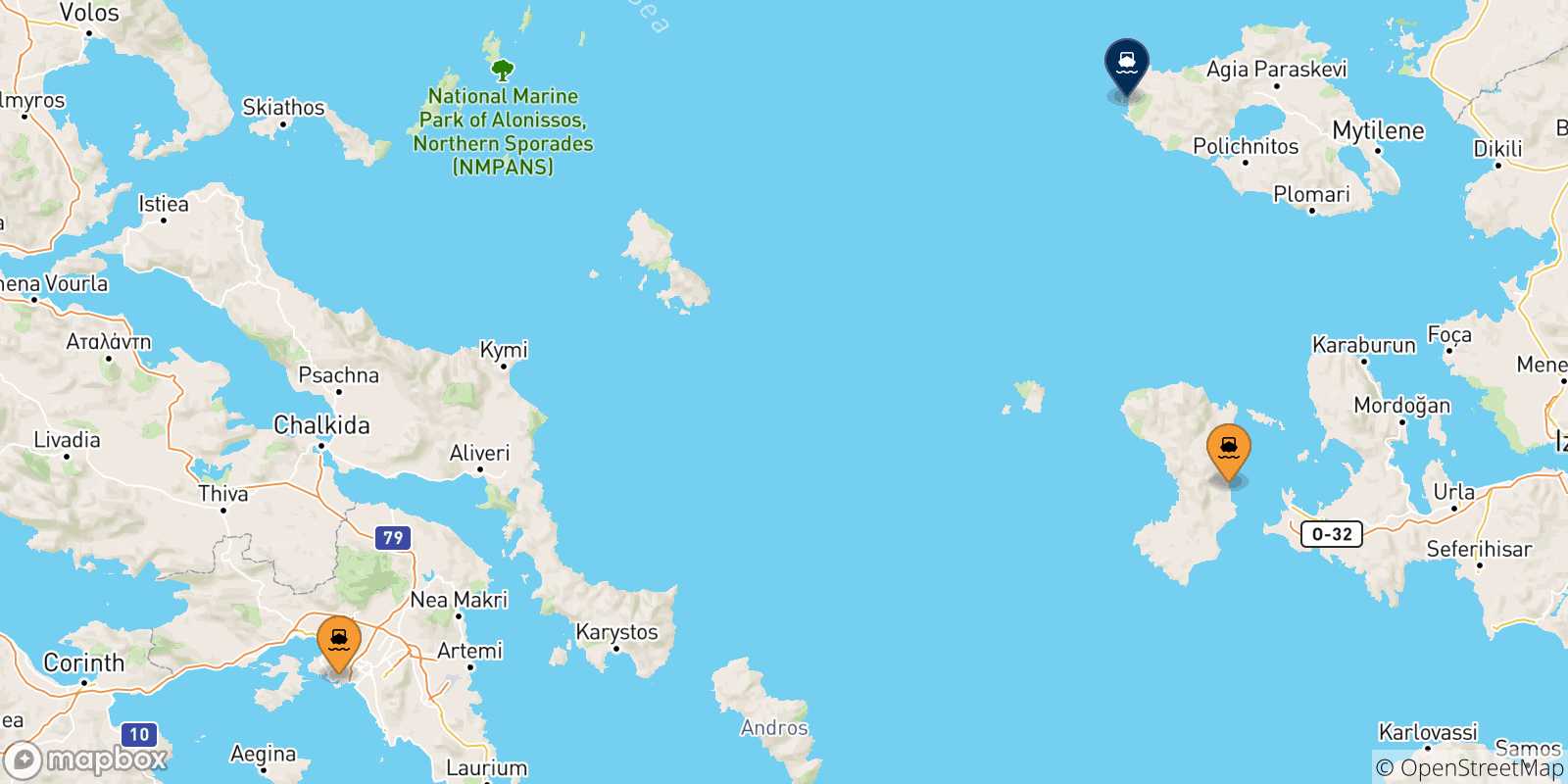 Carte des traversées possibles entre la Grèce et Sigri (Lesvos)