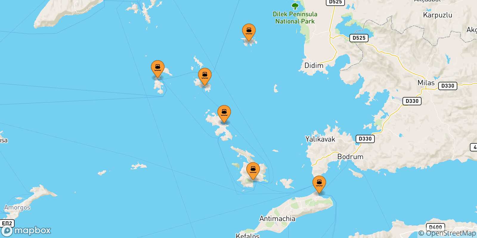 Carte des traversées possibles entre Îles Du Dodécanèse et Arkyi