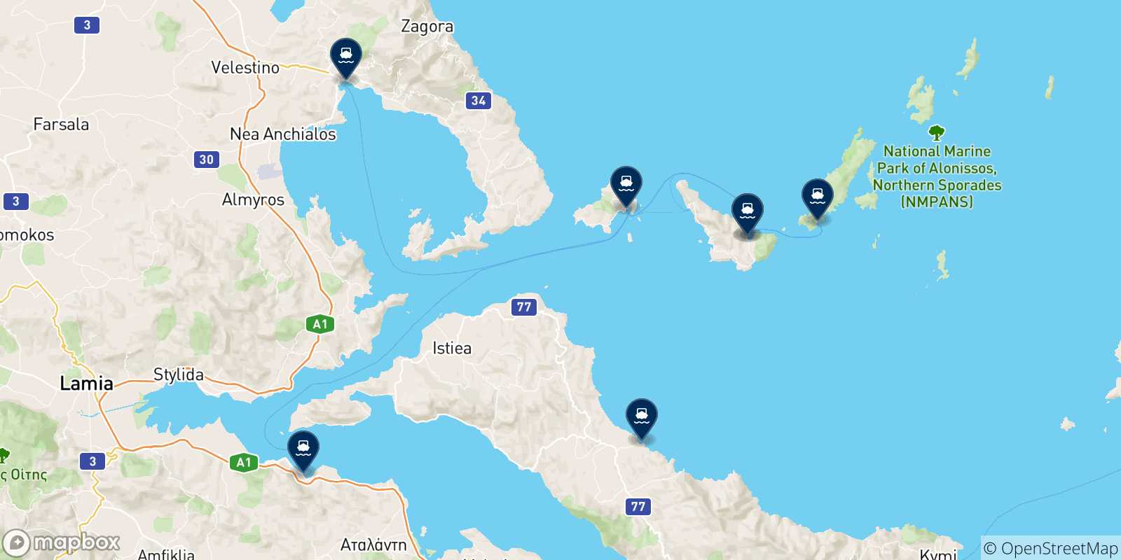 Carte des traversées possibles entre Glossa (Skopelos) et la Grèce