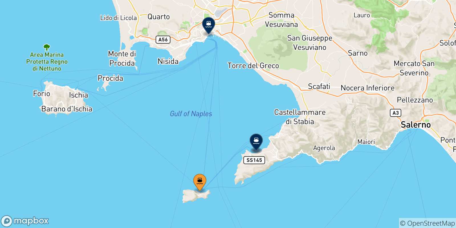 Carte des traversées possibles entre Capri et l'Italie