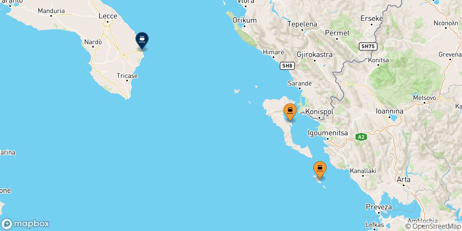 Carte des traversées possibles entre Îles Ioniennes et Otrante