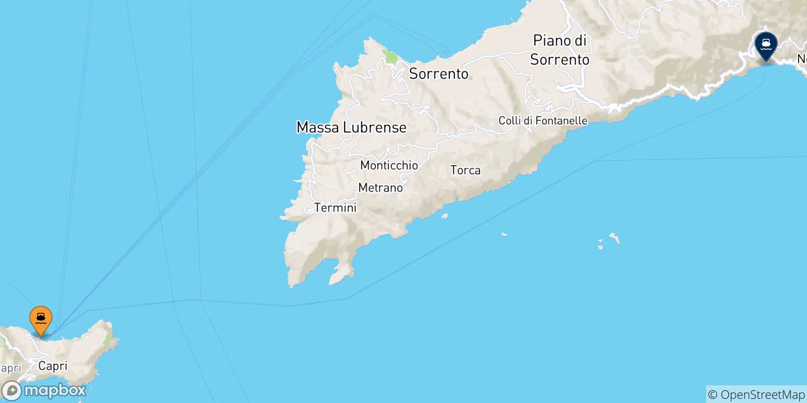 Carte des traversées possibles entre le Golf De Naples et Positano