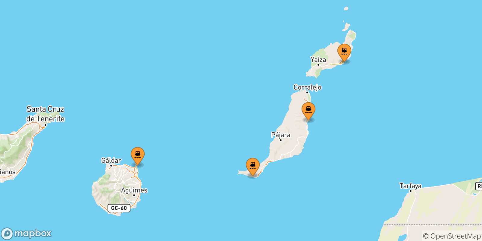 Carte des traversées possibles entre les Îles Canaries et Santa Cruz De Tenerife