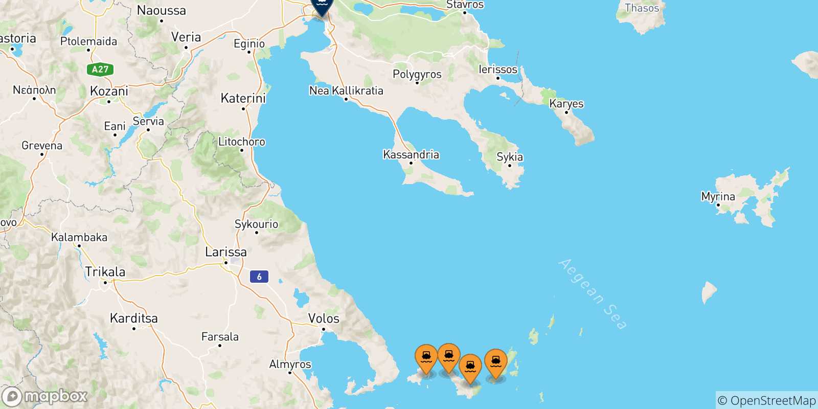 Carte des traversées possibles entre les Îles Sporades et Thessalonique