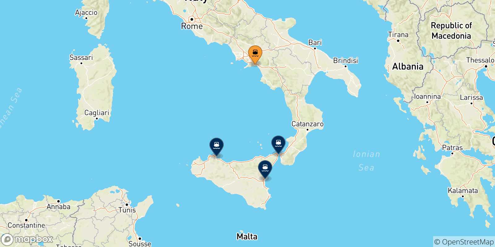 Carte des traversées possibles entre Salerne et la Sicile