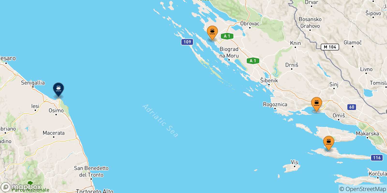 Carte des traversées possibles entre la Croatie et Ancône