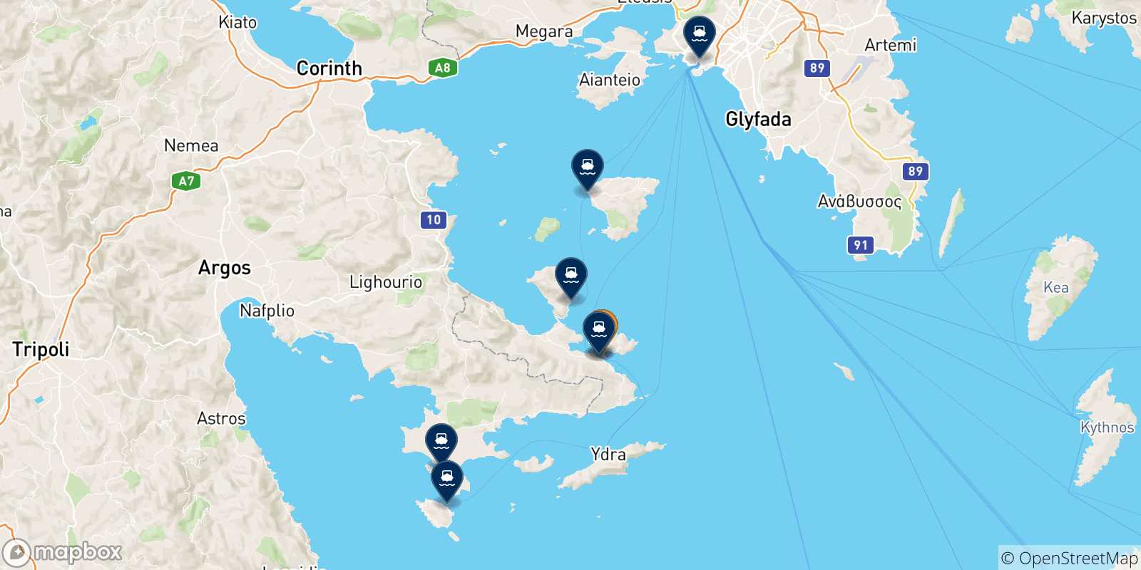 Carte des traversées possibles entre Poros et la Grèce