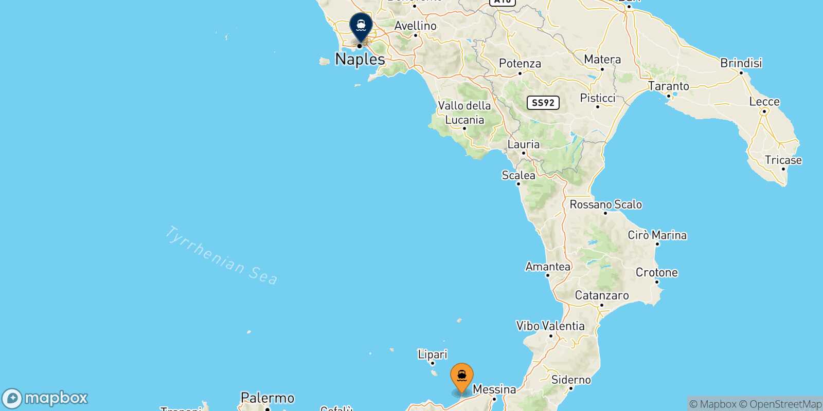 Carte des traverséesMilazzo Naples