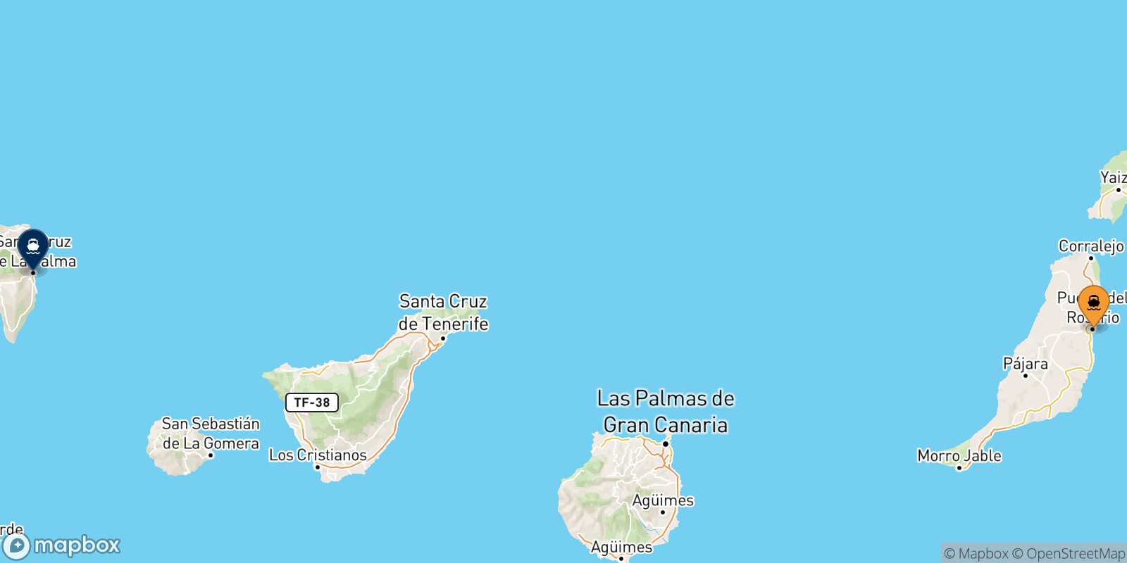Carte des traverséesPuerto Del Rosario (Fuerteventura) Santa Cruz De La Palma