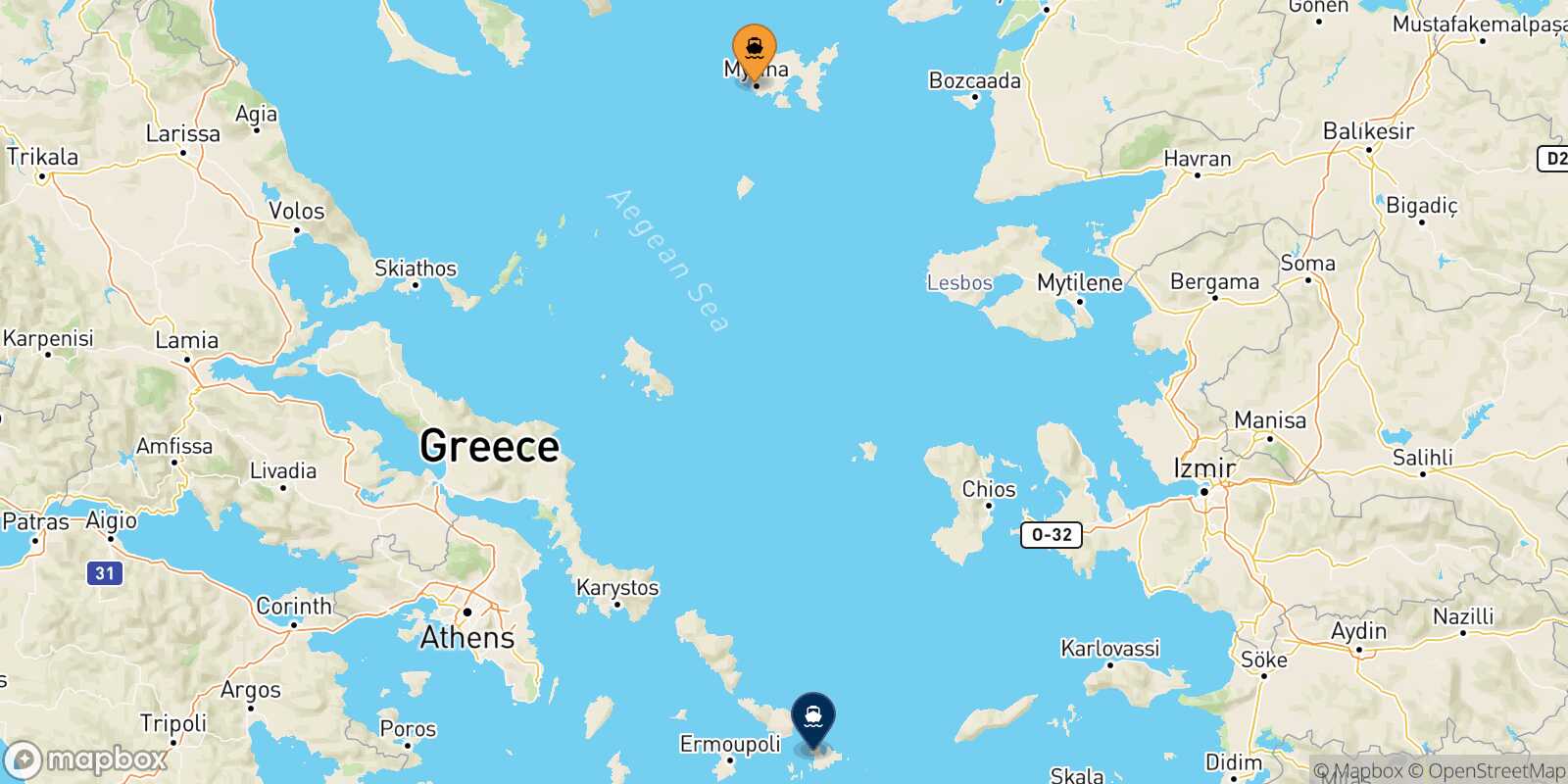 Carte des traverséesMyrina (Limnos) Mykonos