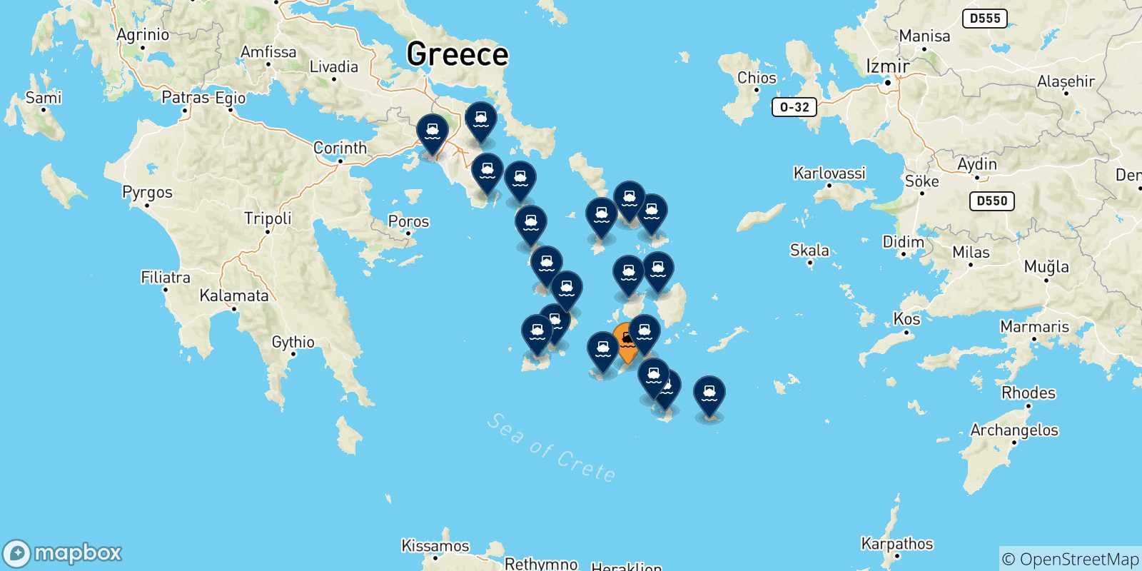 Carte des traversées possibles entre Sikinos et la Grèce