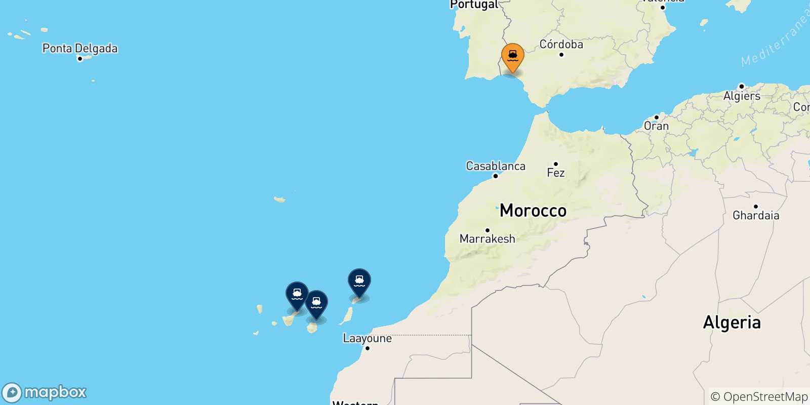 Carte des traversées possibles entre Huelva et les Îles Canaries