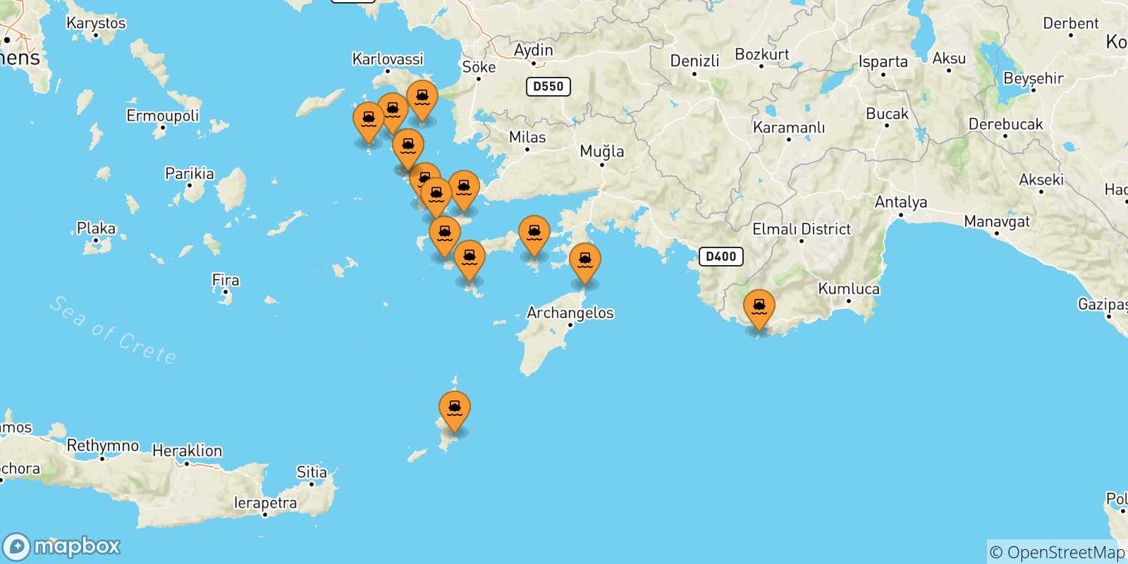Carte des traversées possibles entre Îles Du Dodécanèse et Lipsi