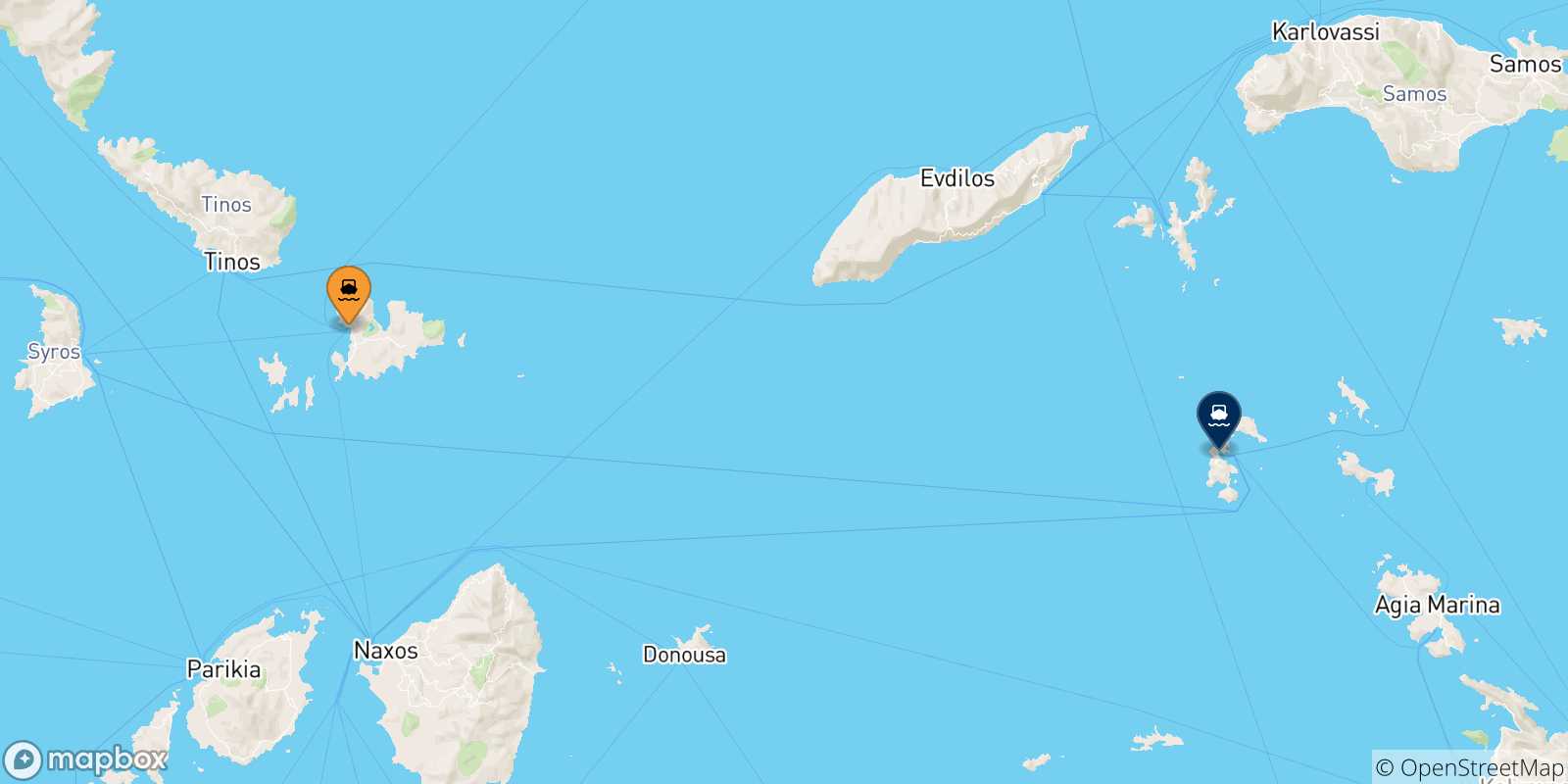 Carte des traversées possibles entre Mykonos et Îles Du Dodécanèse