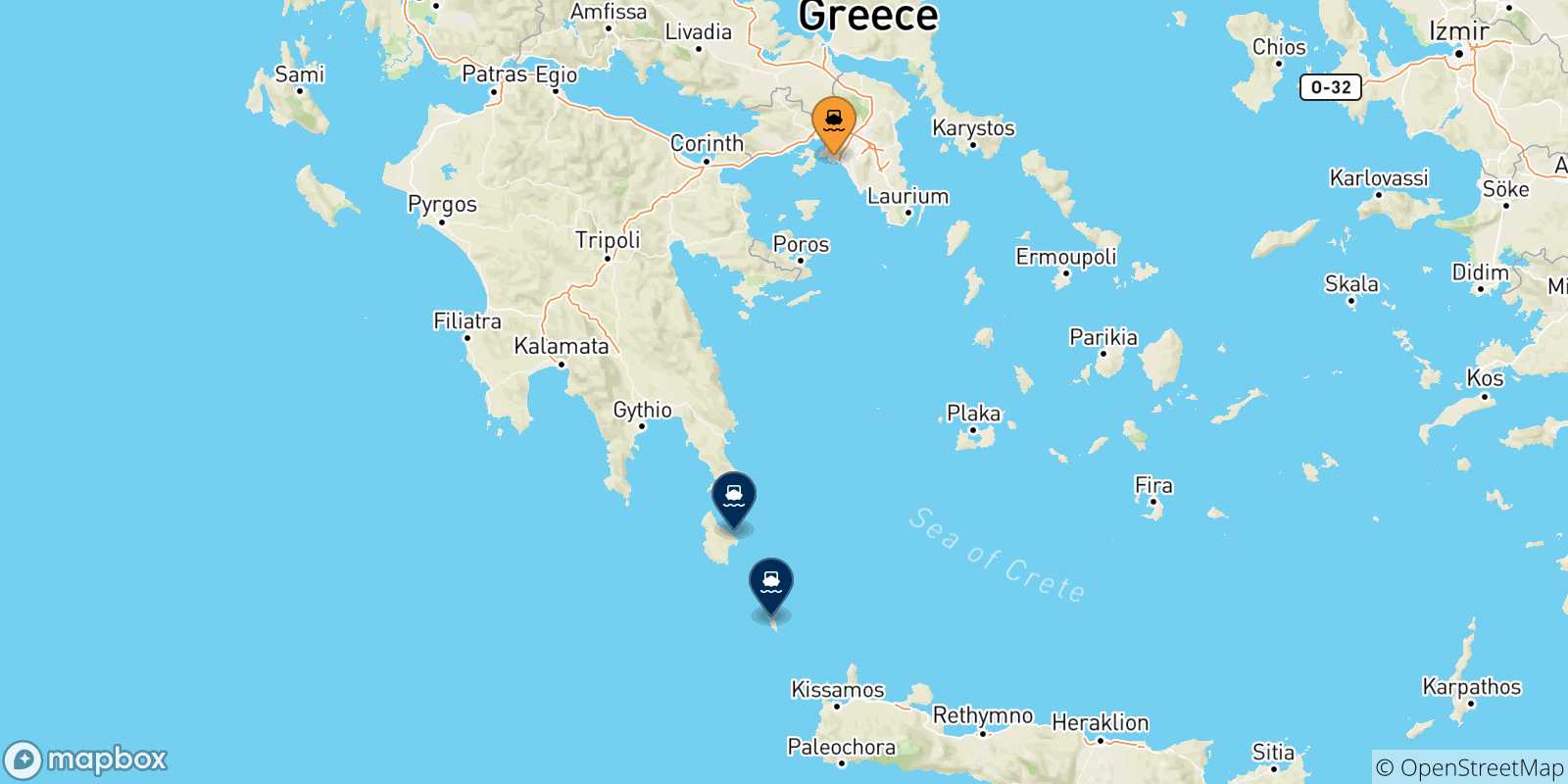 Carte des traversées possibles entre Le Piree et Îles Ioniennes