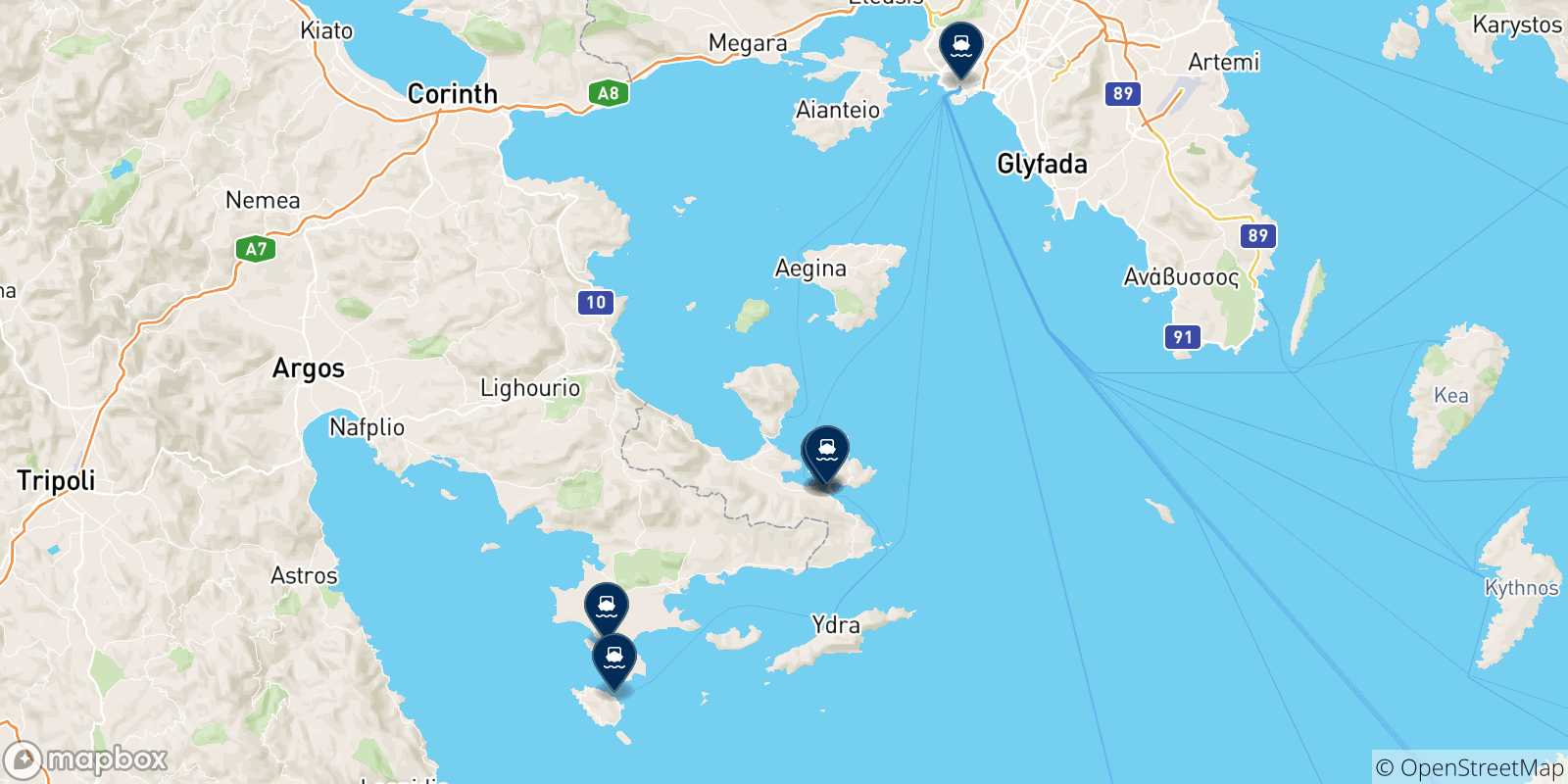 Carte des traversées possibles entre Hermione et la Grèce