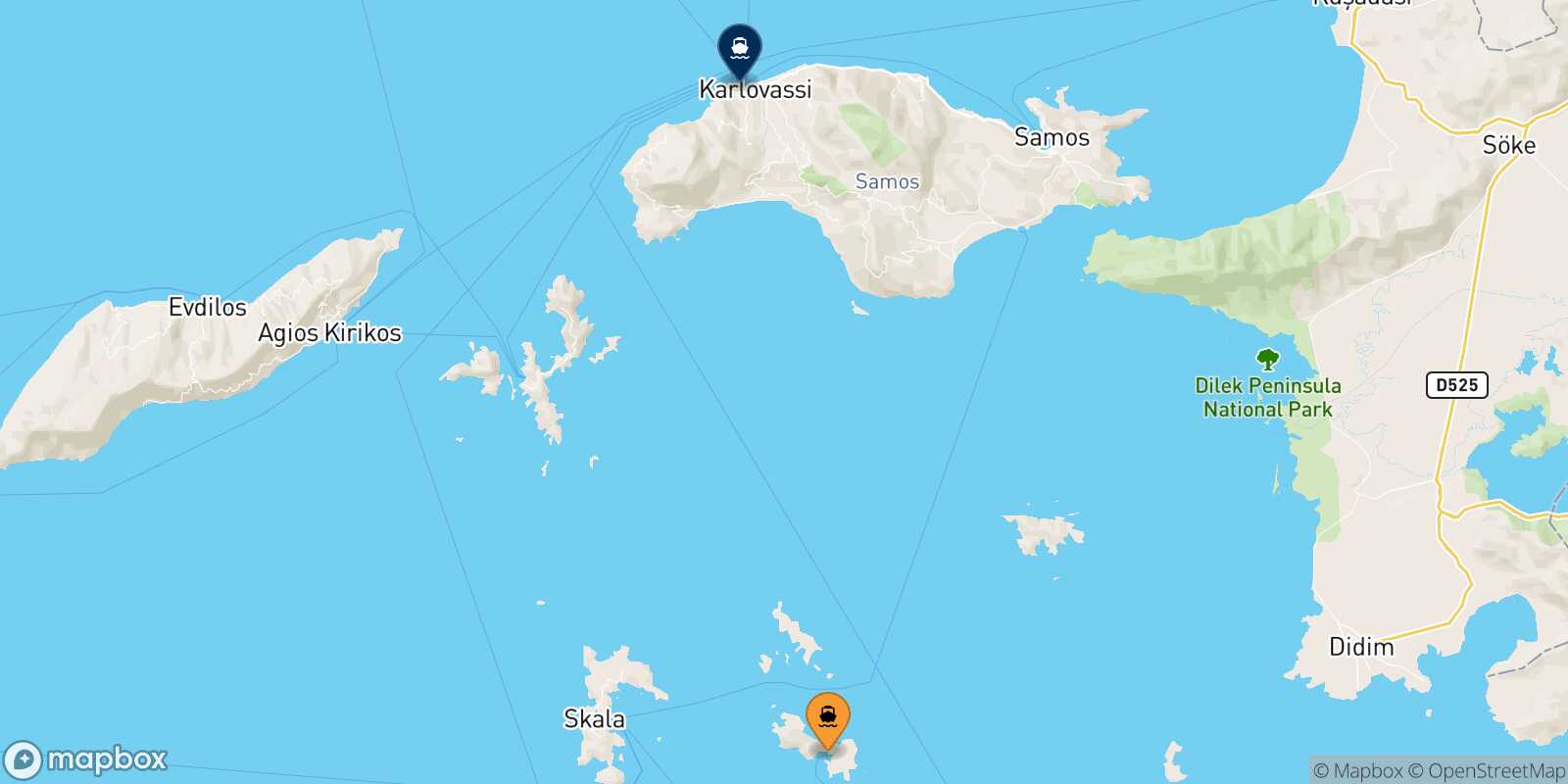 Carte des traverséesLipsi Pythagorio (Samos)