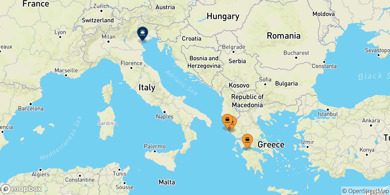 Carte des traversées possibles entre la Grèce et Venise