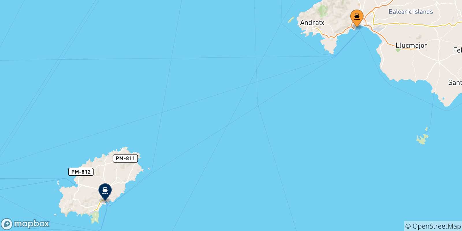 Carte des traversées possibles entre Palma Di Majorque et les Îles Baléares