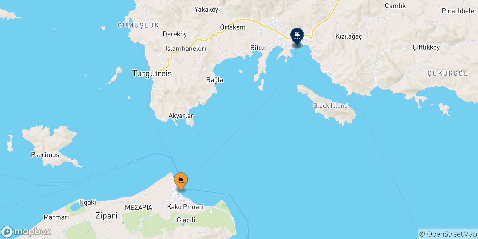 Carte des traversées possibles entre Kos et la Turquie