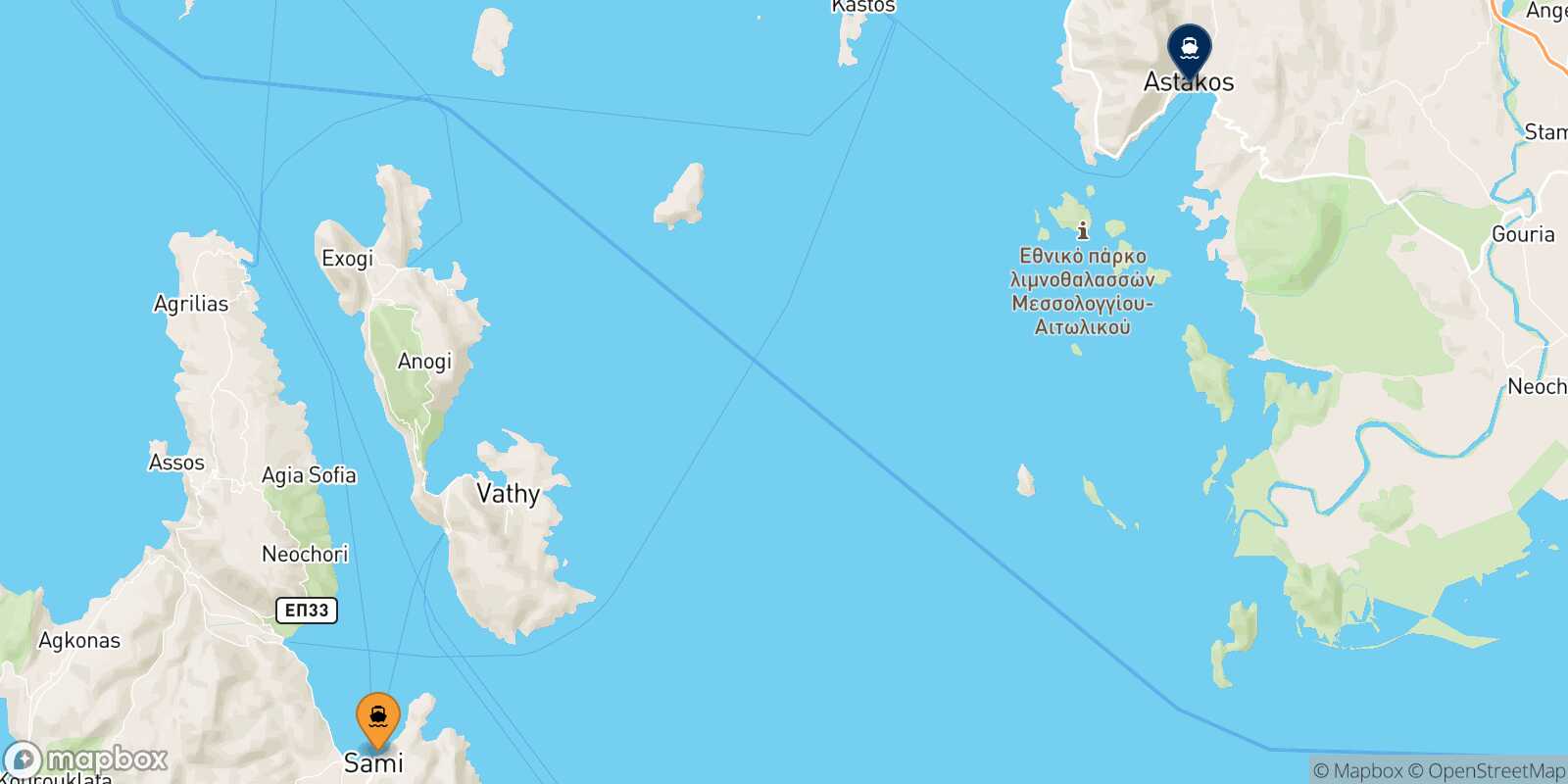 Carte des traverséesSami (Céphalonie) Astakos