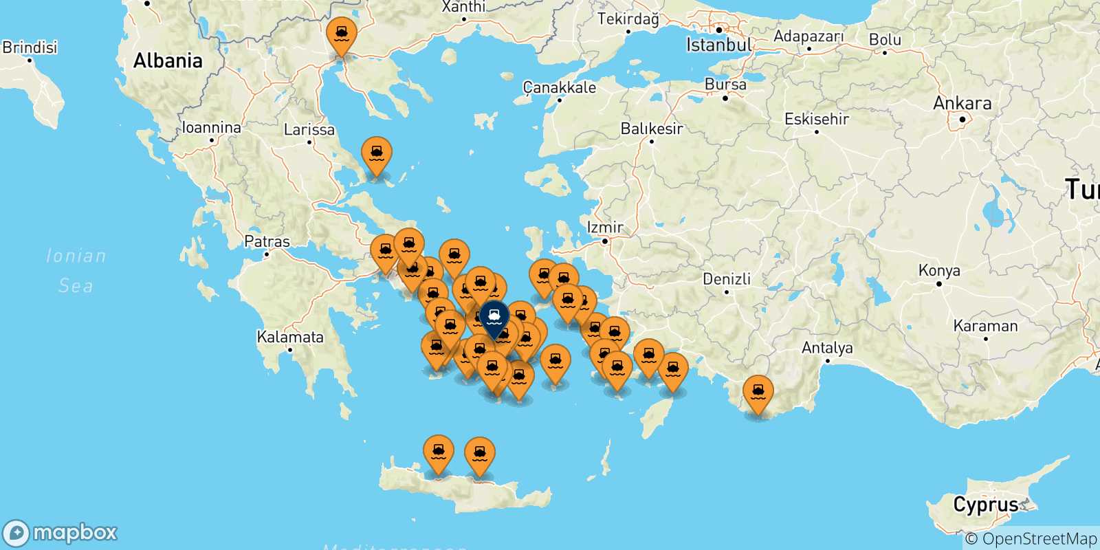 Carte des traversées possibles entre la Grèce et Naxos
