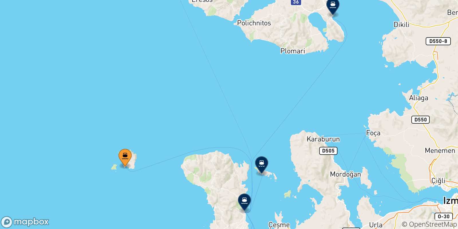 Carte des traversées possibles entre Psara et les Îles Égéennes