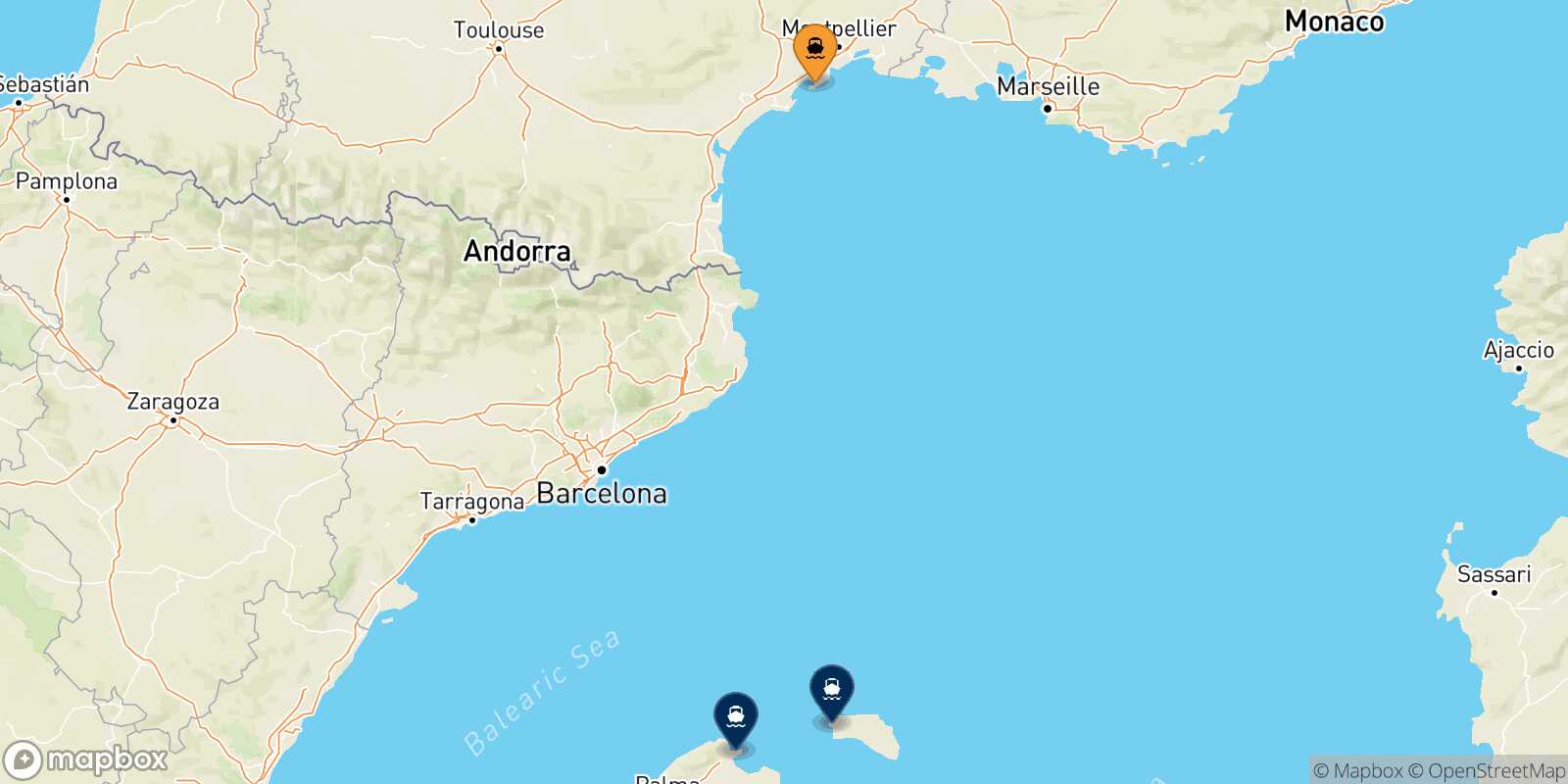 Carte des destinations de Sète