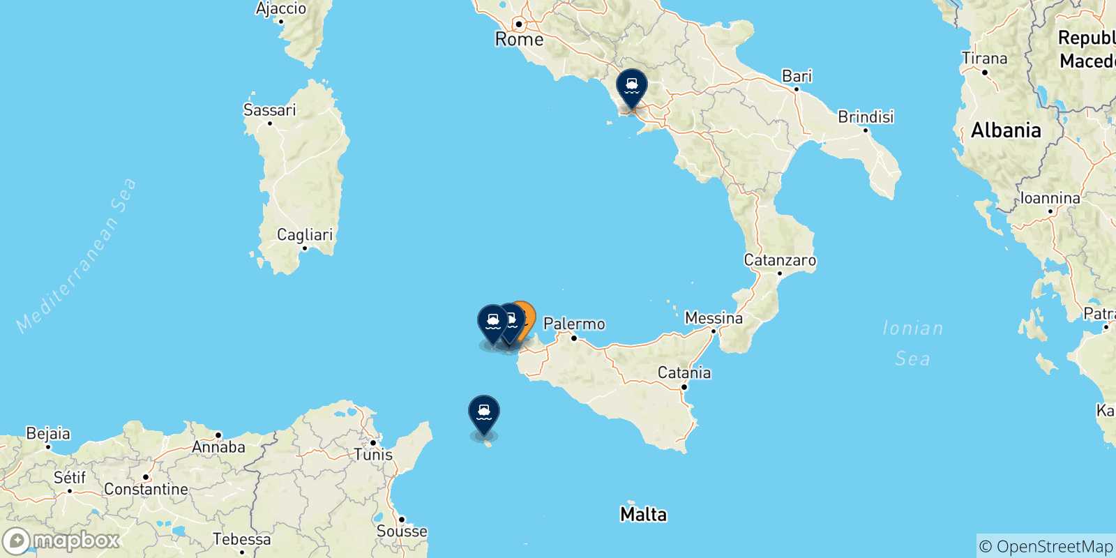 Carte des traversées possibles entre Trapani et l'Italie