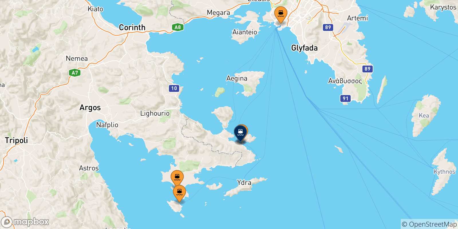 Carte des traversées possibles entre la Grèce et Hermione
