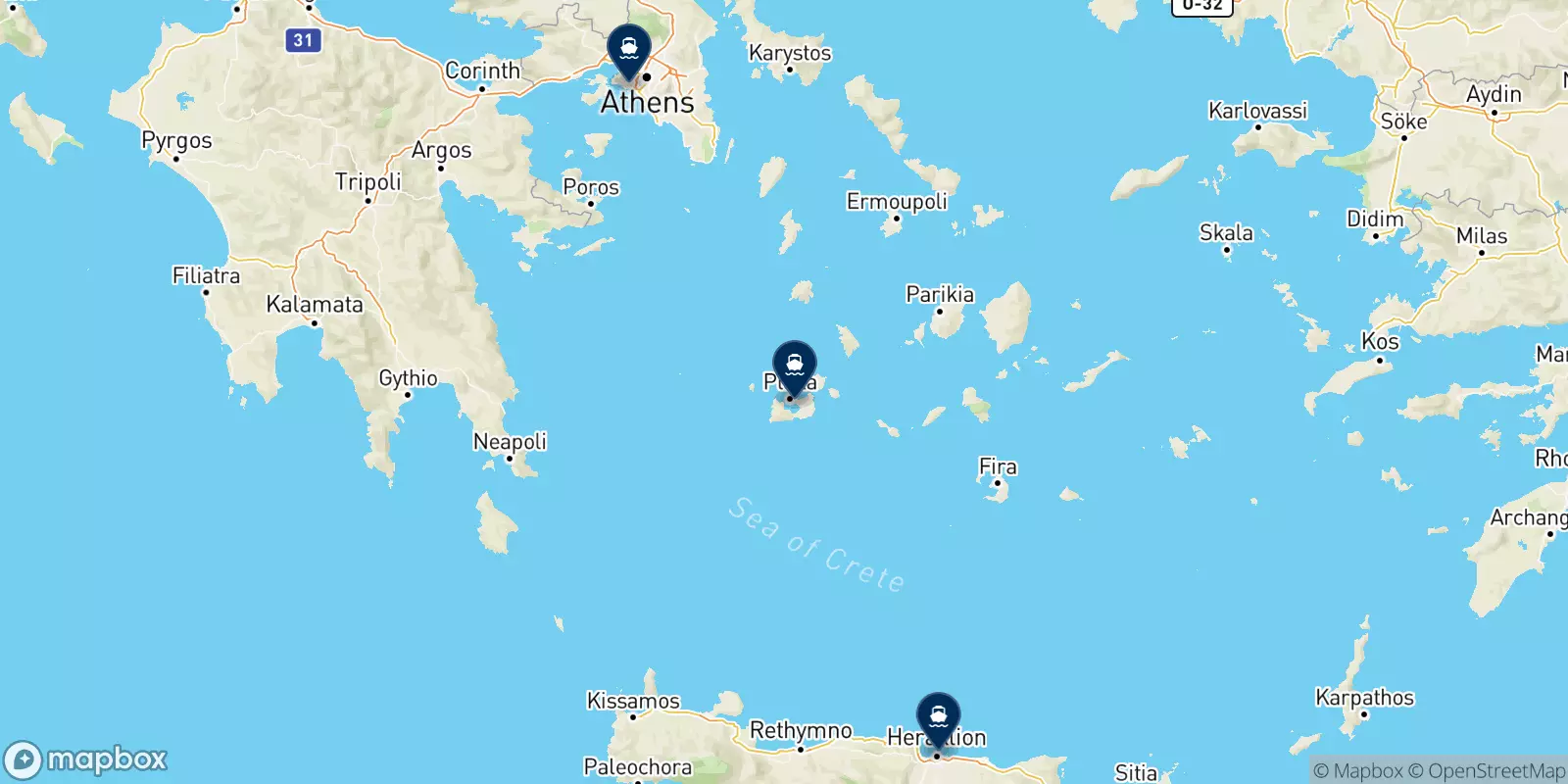 Carte des destinations Minoan Lines